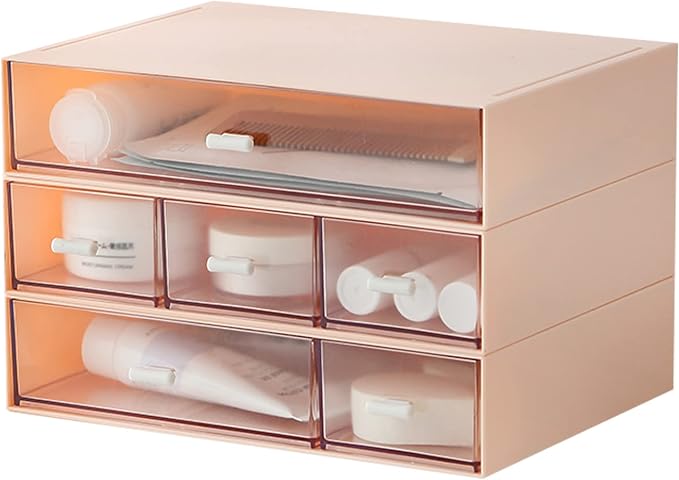 MILULUGO Desk Organizer with 6 Drawers, Makeup Organizer, Plastic Makeup Storage, Cosmetic Storage Organizer, Desk Storage Box, Bathroom Organization Boxes, Desktop Storage Box(Pink)