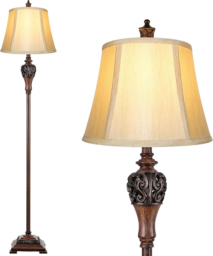 Vintage Floor Lamp for Living Room, Traditional Tall Standing Lamp | Eye-caring Fabric Shade, Stable Antique Base, Farmhouse Rustic Design, Bright Floor Lighting