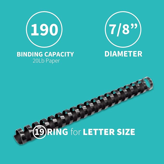 Binditek Plastic Binding Comb Spines, 7/8 Inch, 19 Ring, Black, 50 Pack | Plastic Binding Combs, 7/8 Inch Diameter, 190 Sheet Capacity, for Letter Size, for Students and Coworkers