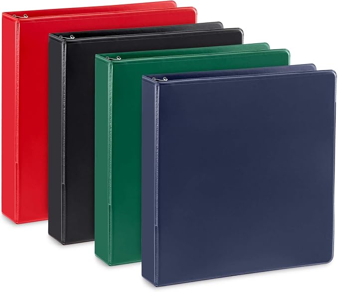 4 Pack 1.5 inch 3 Ring Binders, Rugged Design for Home, Office, and School, Designed for of 8.5 Inch x 11 Inch Paper, Black, Navy, Red, Green, 4 Binder Assorted Pack, Made in USA