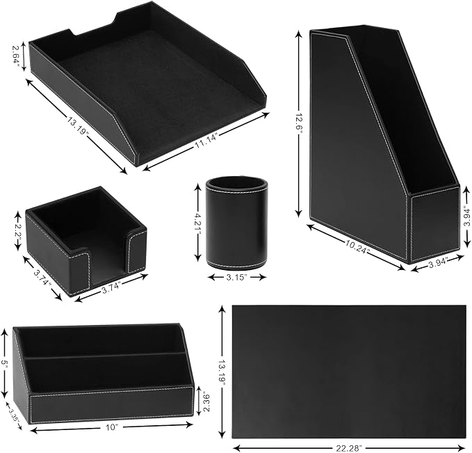 Office Supplies PU Leather 6-Piece Set Desk Organizer,Include Writing Pad,Letter Tray,file folder Sorter/Magazine Holder,Pen Cup,Note Holder,Business Card Holder,Man/Woman Office Gift,Black