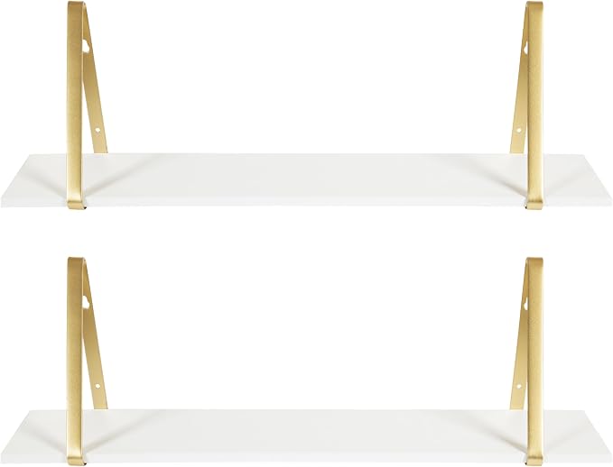 Kate and Laurel Soloman White Wooden Shelves with Gold Metal Brackets, 2 Piece Set