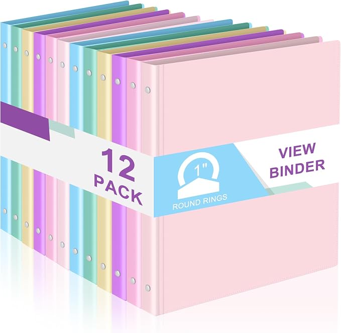 Fulmoon 12 Pcs 1 Inch 3 Ring Binders with 2 Interior Pockets Fits Letter Size Paper 8.5'' x 11'', Clear View 1-inch Three Ring Binders for School Office Business Supplies(Macaron Color)