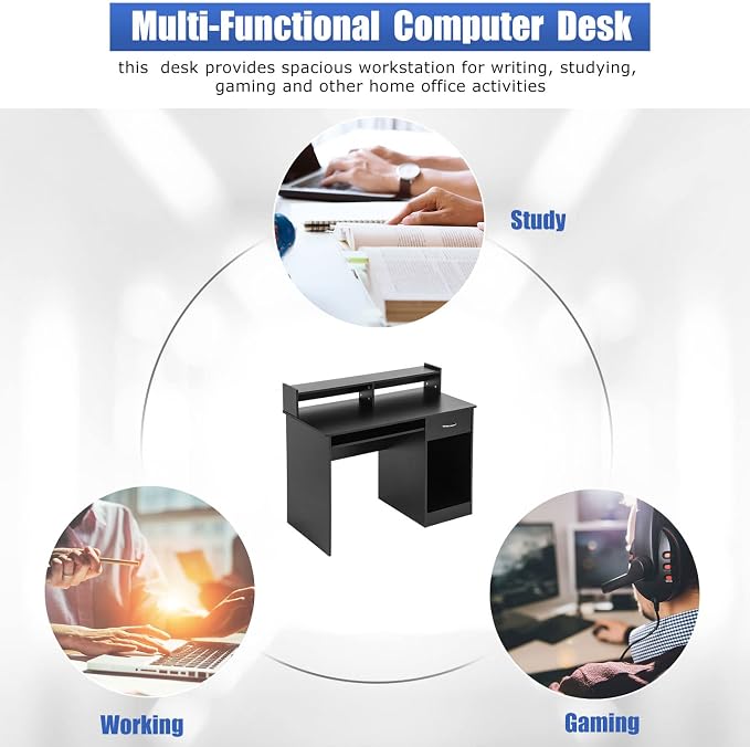 PayLessHere Office Desk, Computer Desk with Drawers Keyboard Tray 43" Study Writing Desks for Home with Storage Shelves, Desks & Workstations
