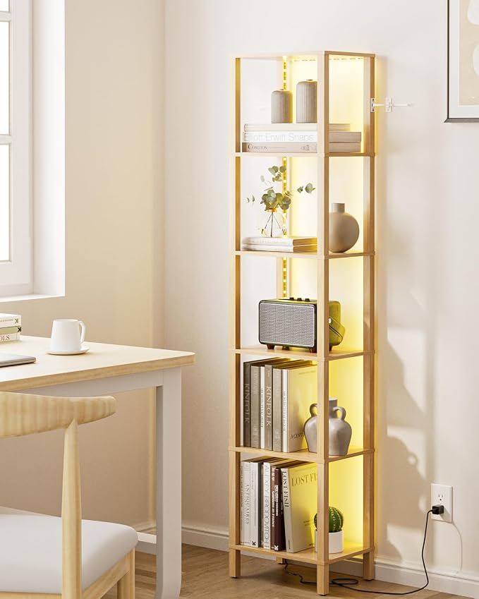Open Book Shelf with LED Lights, 6 Tier Tall Bookshelf, Freestanding Shelf Narrow Bookcase with Open Shelves, 14.57" x 10.63" x 65.83", Book Shelves for Living Room, Office, Study, Oak