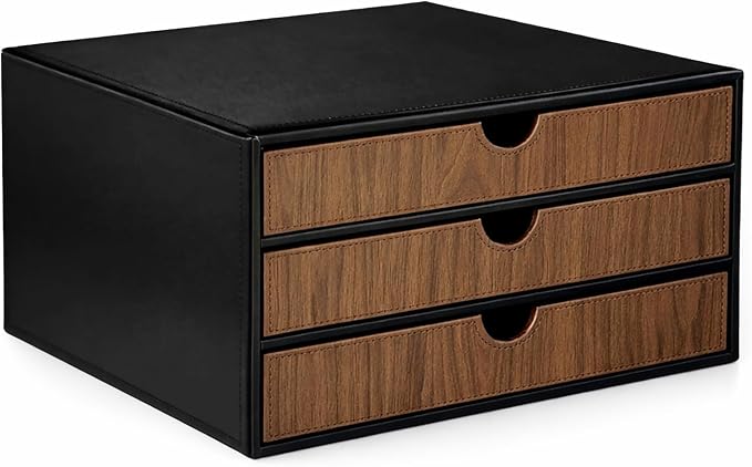 UnionBasic Document Organizer, 3-Drawer File Cabinet Document Storage Box, Office Desktop Filing Organizer, Black with Wood Grain Drawers