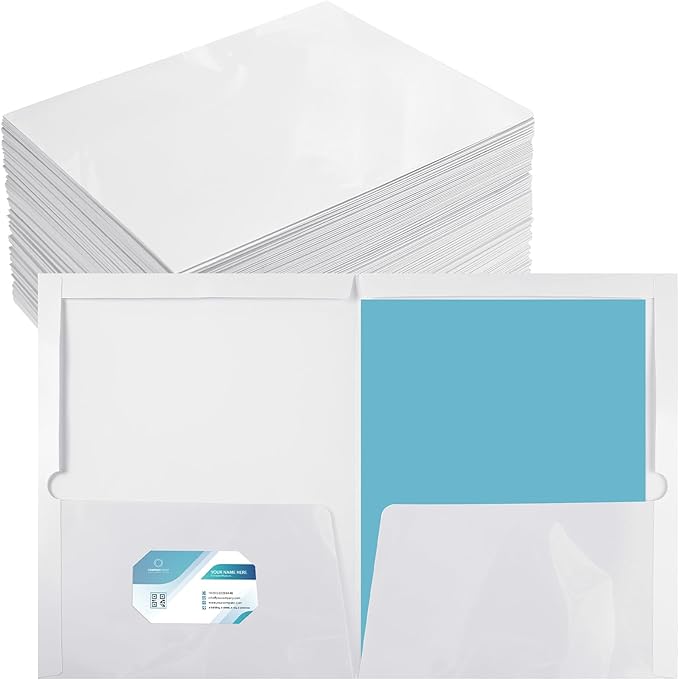 Yeaqee 100 Pack 2 Pockets Glossy Laminated Paper Folder First Day of School Presentation Folder Letter Size Two Pocket File Portfolio Holder Back to School Items Bulk for Teacher Office (White)