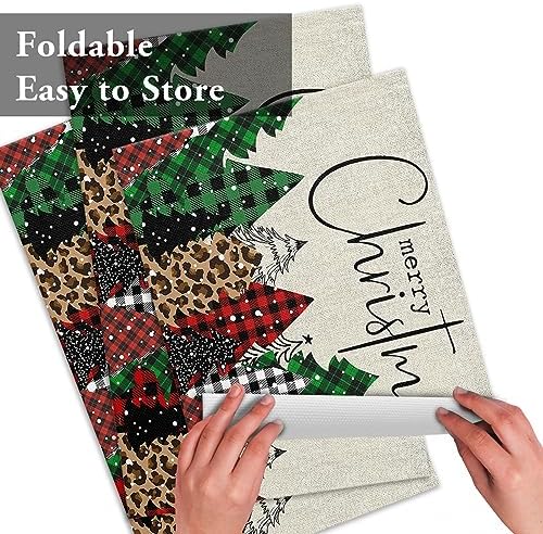 Merry Christmas Placemats Set of 4, Buffalo Plaid Xmas Tree Winter Forest Farmhouse Heat Resistant Washable Table Place Mat Red Green Table Linens Party Holiday Decor for Kitchen Dining Outdoor Indoor