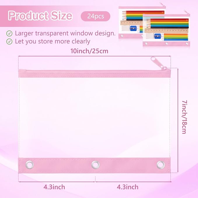 24 Pack Pencil Pouches for 3 Ring Binder Bulk Enlarge Clear Window Pencil Pouches Zipper Pen Case 3 Reinforced Grommet Pen Bag for Binder Utensil Organize Office Supplies(Pink)