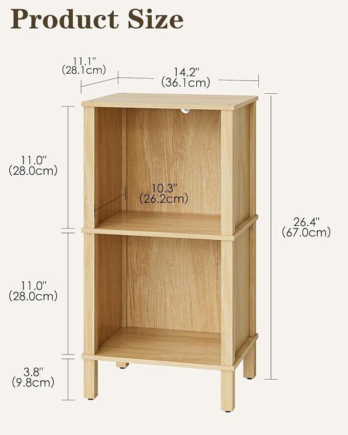 Bookshelf, Modern 2-Tier Bookcase, Open Storage Book Shelf, 11 × 14.2 × 27.4 Inches, Small Narrow Bookshelves for Living Room, Home Office, Bedroom, Natural