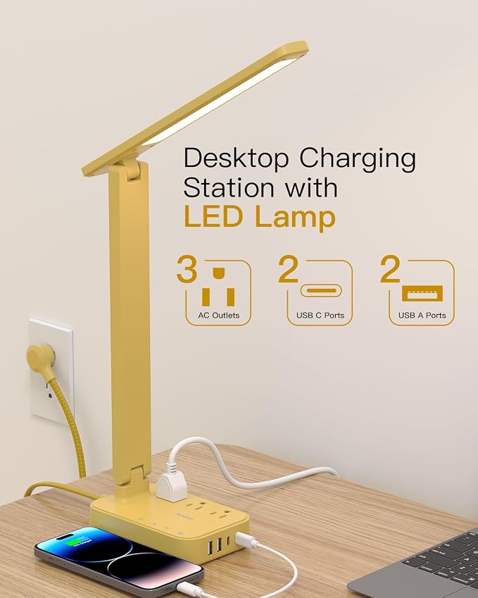 Addtam LED Desk Lamp, Power Strip with 3 Outlets 4 USB Charging Ports(2 USBC), 4 Modes 5 Level Brightness Touch Lamp, Small Desk Lamp for Home Office College Dorm Room Essentials, Yellow