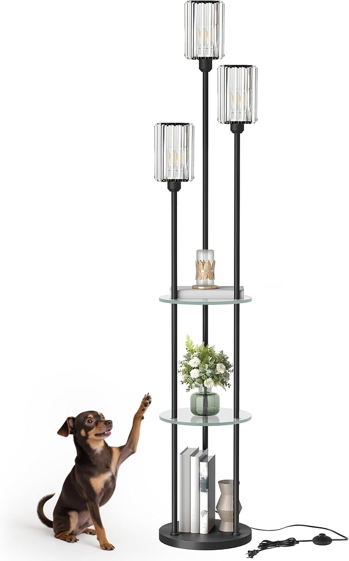 Black Floor Lamp with Shelves, Modern Floor Lamp with 3 Crystal Shades and Foot Switch, 3-Light Standing Lamp, for Living Room, Bedroom, Study, Office, Black B53LD05