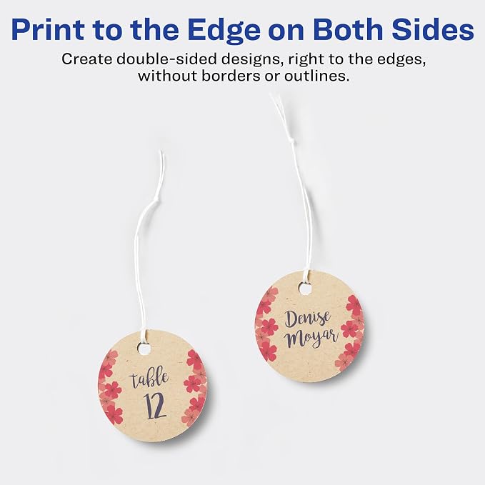 Avery® Kraft Brown Round Tags, Sure Feed® Technology, 2" Diameter, Printable on Both Sides, Includes Strings, 96 Total (80515)