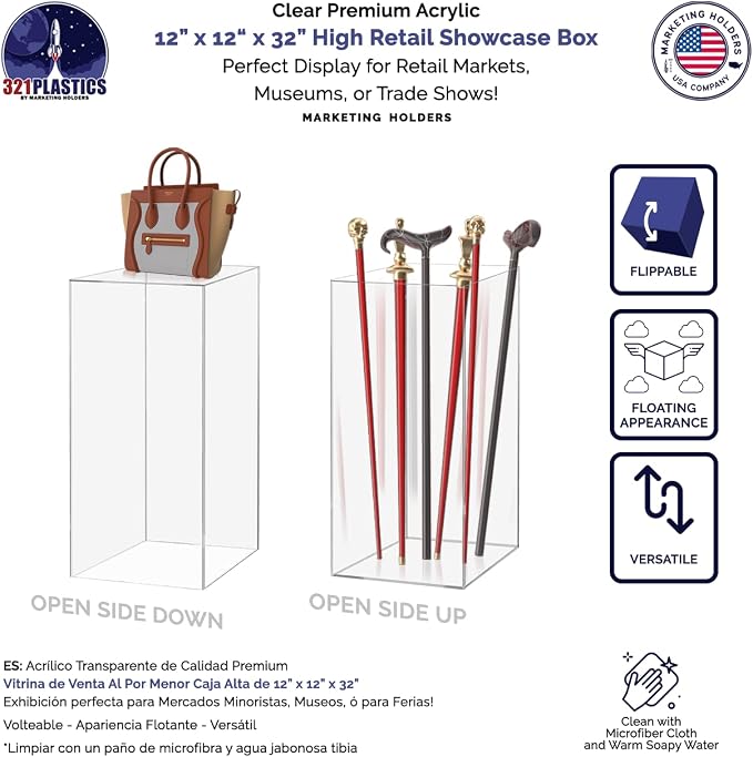 Display Cube Pedestal Tall One Piece Riser 12" x 12" x 32" Acrylic Clear Column No Lid Lucite Stand Flower Tower Weddings Special Events Staging Decor Plexiglass Display Box by Marketing Holders