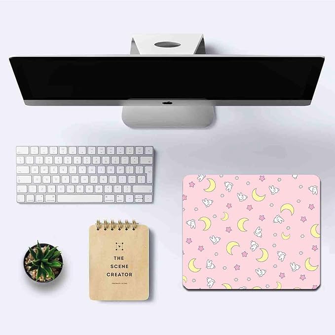 IMAYONDIA Pink Kawaii Mouse Pad, Cute Moon Bunny Small Mouse Mat，Aesthetic Anime Mousepad for Women Kids Office Home School, Computer PC Laptop Mice Pad, 9.5 x 7.9 Inch