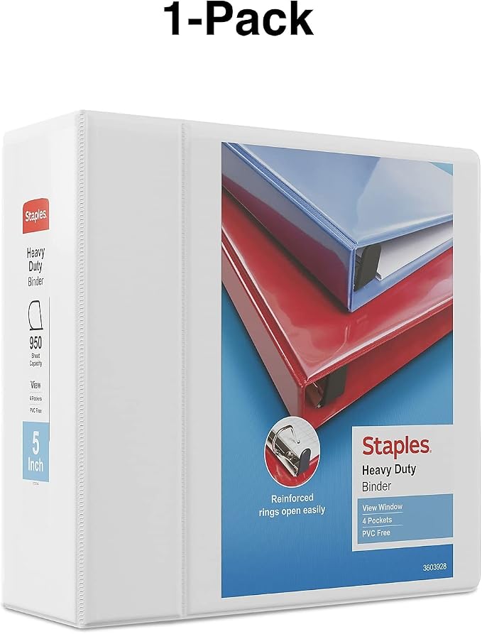 Staples Heavy-Duty 5-Inch D-Ring View Binder, White, 1,000 Sheets | Extra-large capacity for office document storage and archiving needs.