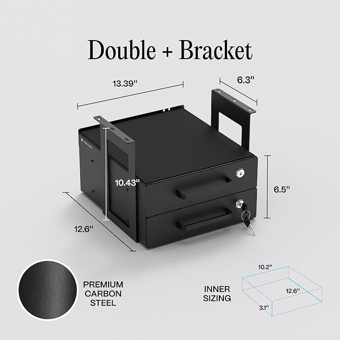 Under Desk Drawer Slide-Out – Lockable Metal Storage Drawers with Cable Management for Office & Home (Double, Bracketed)