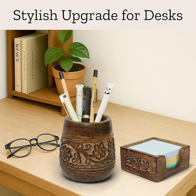 Mie Creations Set of 2 Pen, Sticky Note Holder for Office Desk Organizer | Rustic Wooden Desktop Accessories, Handmade Floral Pencil Stand & Post it Note Dispenser, Aesthetic Stationery Decor