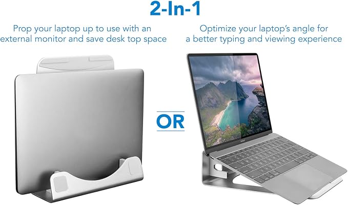 Mount-It! Vertical Laptop Stand for Desk, 2-in-1 Aluminum Laptop Holder & Angled Riser for 11–15 Inch Laptops, Space-Saving Laptop Dock for External Monitor Setup, Silver