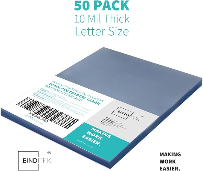 Binditek 10 Mil PVC Binding Covers, 8.5 x 11 Inches, Clear, 50 Pack | Plastic Binding Covers, 8.5" x 11" Letter Size, Clear, Square Corners, Unpunched, Ideal for Business Reports and Proposals