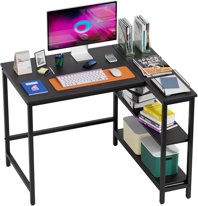 FDW L-Shaped Gaming Desk 39 Inch Computer Desk Corner Desks with Reversible Side Storage Shelves Study Desk Metal Frame PC Work Table for Home Office Dorm Sturdy Writing Workstation, Black