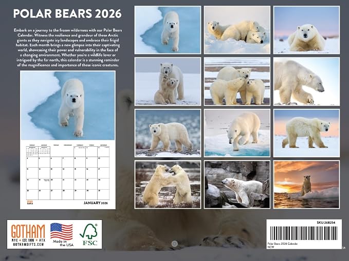 Polar Bear Calendar 2026 Monthly Wall Calender 12 Month | American Made In The USA