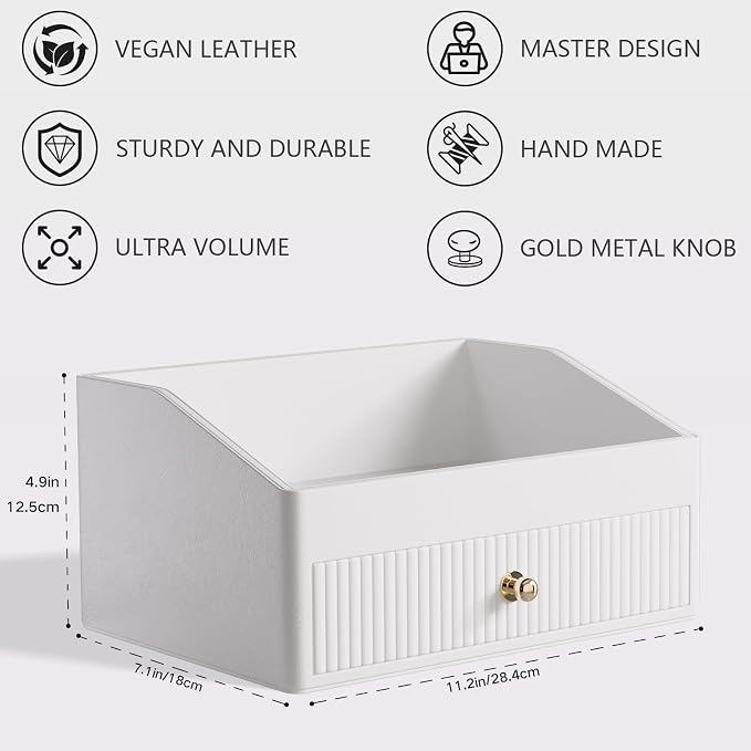 LADSTAG Office Desk Accessories,Beige White Vegan Leather Office Organizer with 1 Drawer & Tray,Pen Holder with Gold-Tone Metal Accents Knob for End Tables,Bedside Table,Bedroom.
