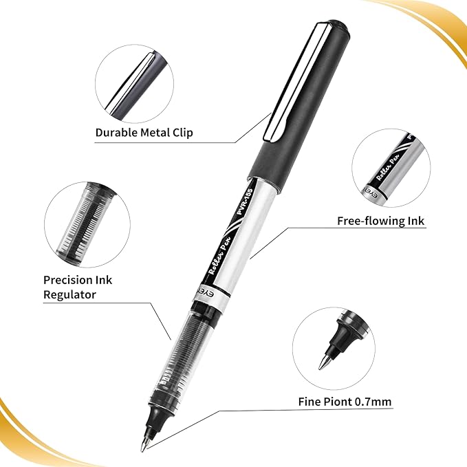 EYEYE 8 Pack Black Rollerball Pens 0.7mm, Medium Point Pen, Quick Dry | Back to School Essentials, Liquid Ink Pen Fine Point Smooth Writing Pens for Journaling, Note Taking, Office Supplies