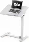 DUMOS Overbed Table with Wheels, Height-Adjustable Bedside Table, White | Rolling standing desk with Pneumatic Lift, Portable mobile desk for Bed, Couch, Office, Sofa