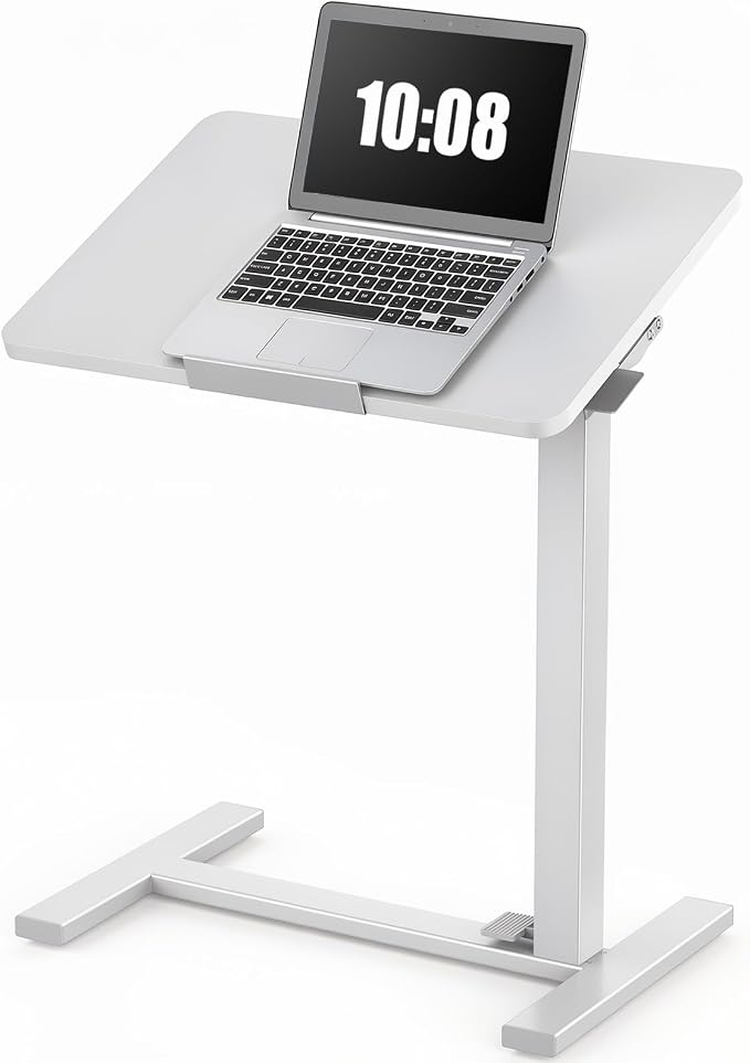 DUMOS Overbed Table with Wheels, Height-Adjustable Bedside Table, White | Rolling standing desk with Pneumatic Lift, Portable mobile desk for Bed, Couch, Office, Sofa