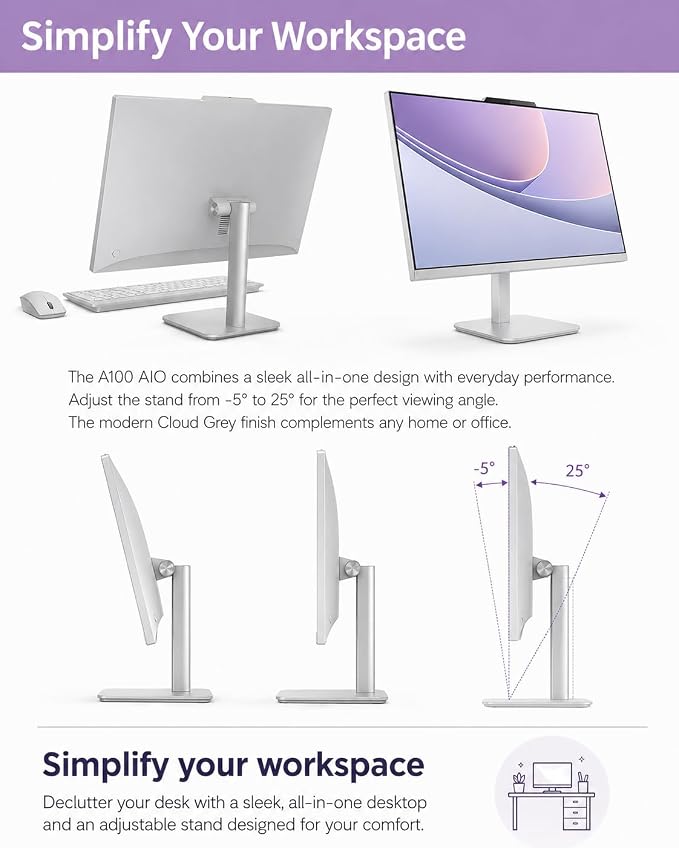 Lenovo 24" All-in-One Desktop Computer, Intel N100 Processor, 32GB RAM, 512GB SSD, FHD Display, Space-Saving Design for Home, Office &Business, Wi-Fi 6, HDMI Out, Windows 11, Wireless Keyboard & Mouse