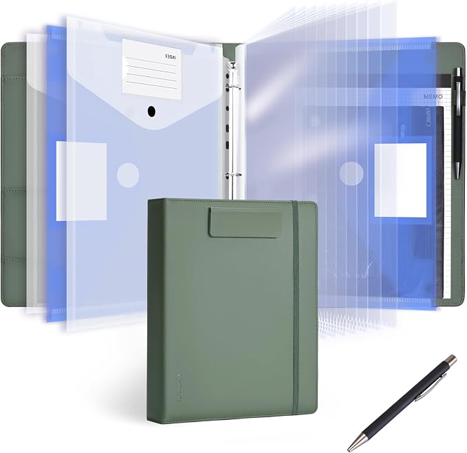 Leathario 1 Inch 3 Ring Binder with Clipboard Storage Vegan Leather | Includes 10 Clear Divider Pockets, 4 Envelope Pockets, 1 Pen Bag and 1 Pen, Suitable for A4/8.5x11 Paper, for Students Work