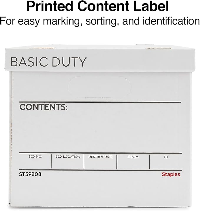 STAPLES Corrugated File Box, Lift-Off Lid, Letter/Legal, White/Black, 10/Pk | Stackable storage boxes for document organization in offices, archives, and storage rooms.
