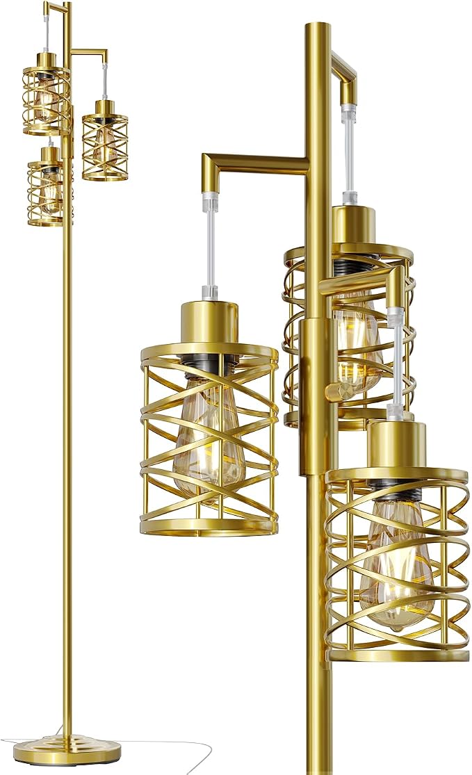 70" Industrial Floor Lamp, Stepless Dimmable Standing Lamp with 3 Bulbs, Farmhouse Corner Standing Tree Lamp for Living Room, Tall Lamps for Bedroom, Office, Study Room, Dining Room, Gold