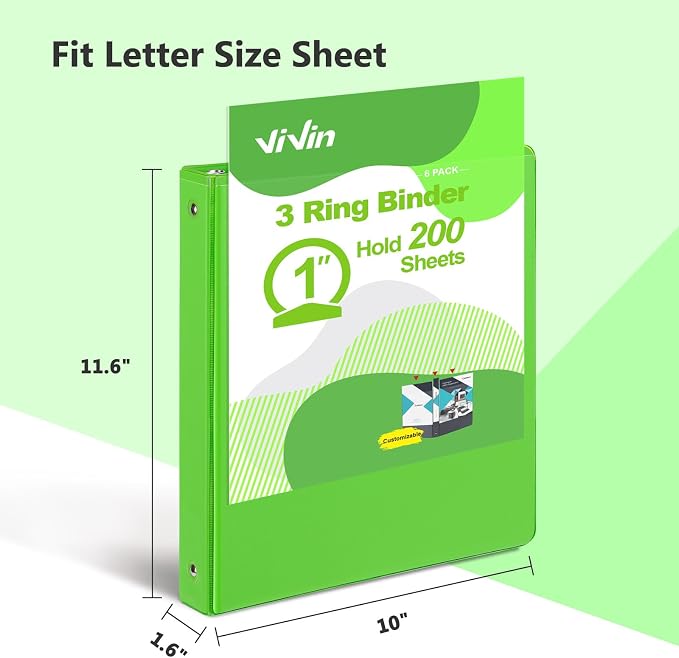 ViVin 1 Inch Round Ring View Binder for Durability, 6-Pack (Ivy Green) | Standard 3 Ring Binder for 200 Sheets of US Letter Size Paper, PVC-Free, Clear View Cover, Office Home School Use