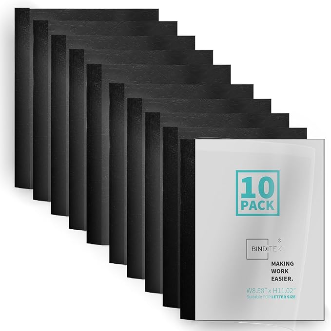Binditek Thermal Binding Presentation Covers, 1/2 Inch Spine,Black,10 Pack | Thermal Binding Covers, 95 Sheets Capacity, Ultra Clear Front, Black Paper Back Cover, Letter Size, for Students & Coworkers