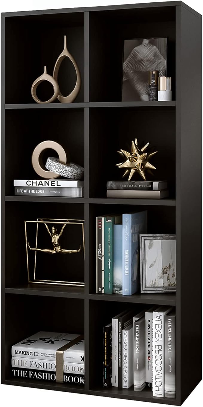 8-Cube Storage Shelf Bookcase, Black | Wooden 4-Tier Open Bookshelf, Fits 11×11" Bins, Vertical or Horizontal Use, Full Back Panels, For Home Office