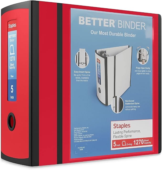 Staples Better 5-Inch D-Ring View Binder, Red, Reinforced Spine | Extra-large capacity binder for archiving everyday office documents.