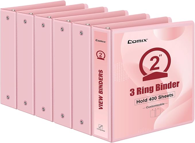 COMIX Sturdy Standard 2 Inch 3 Ring Binder with Clear View Cover | 2"Round Ring,PVC-Free,Holds 400 Letter Sheets,Morandi Multicolor for Students & Office,6 Pack (Pink)