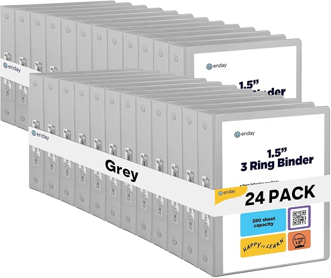 Enday 1.5 Inch Binder (24 Pack - Grey) 3 Ring Binder 1.5 inch with Clear View Cover and 2 Inside Pocket - for Letter Size 8.5 x 11'' Paper, Ideal for School Supplies, Office, and Home