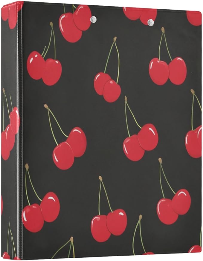 Caikeny 3 Ring Binder Red Cherry Black 1.5 Inch Binders Round Ring Clipboard with 2 Pockets for Office Supplies