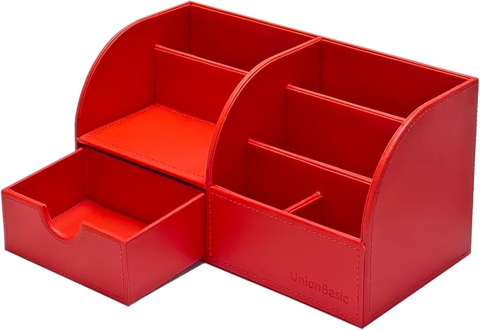UnionBasic Desk Organizer - Multifunctional Leather Desktop Pen Holder Storage Box - Business Card/Pen/Pencil/Mobile Phone/Stationery Holder, Red