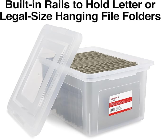 Staples Hanging File Folder Box, Storage Bin Organizer, Snap Lid, Clear | Fits letter and legal size documents. Stackable design keeps files secure and visible.