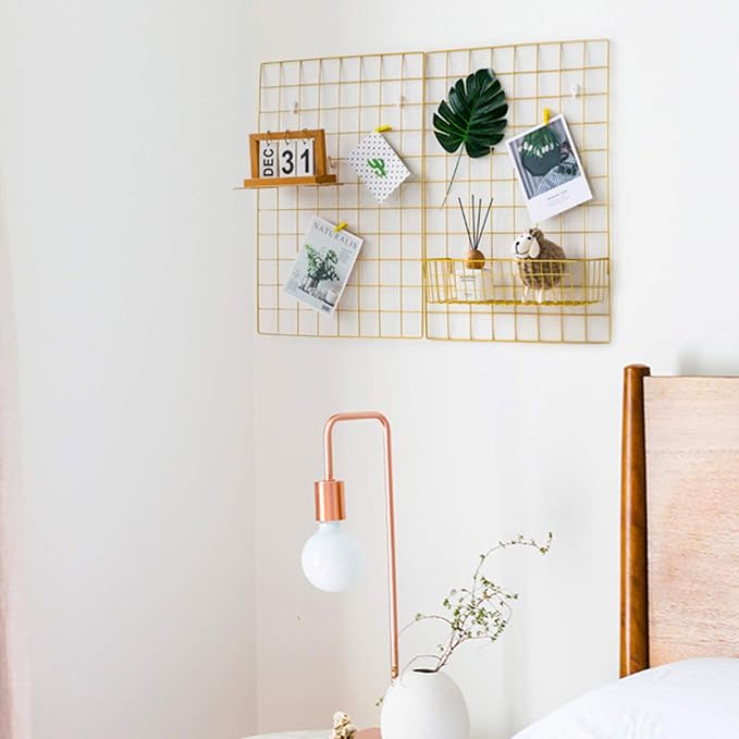 2 Pack Large Wall Grid Panels with Light and Clips, Photo Display Board, Picture Frame Collage Board, Wire Grid Wall Panel Room Decoration,Dark Gold | Picture Frames Collage , Wire Grid Wall Panel Room Decoration