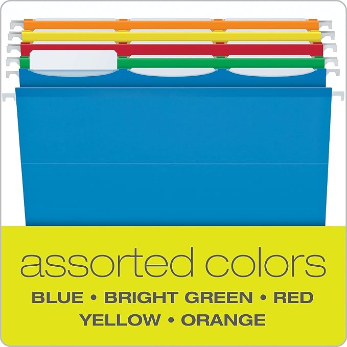 Pendaflex Ready-Tab Reinforced Hanging File Folders, Letter Size, 3 Tab, Assorted Colors, 25/BX (42621)