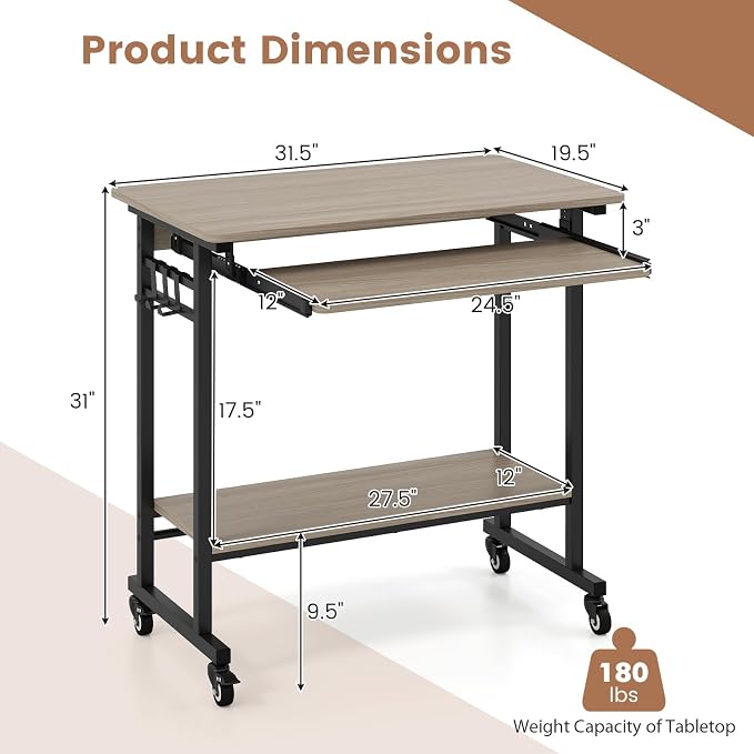 GIANTEX Rolling Computer Desk, Mobile Desk with Keyboard Tray & Wheels, Portable Laptop PC Table Cart with Shelf & Hooks, Small Desk for Small Spaces, Bedroom, Apartment (Grey Oak)