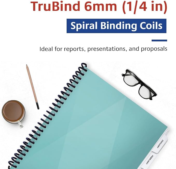 6mm (1/4 in.) Spiral Binding Coils for Reports, Presentations and Proposals | 4:1 Pitch | 12 in. Length | Black | 30 Sheets Binding Capacity | 100 Pack