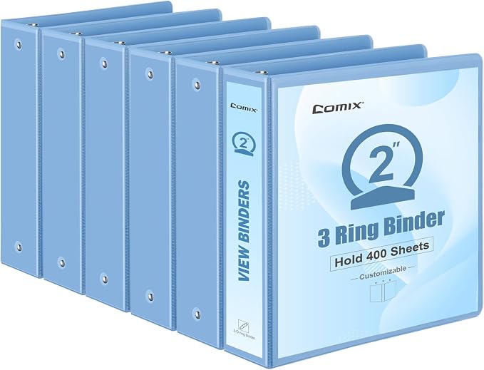 COMIX Sturdy Standard 2 Inch 3 Ring Binder with Clear View Cover | 2"Round Ring,PVC-Free,Holds 400 Letter Sheets,Morandi Multicolor for Students & Office,6 Pack (Pale Blue)