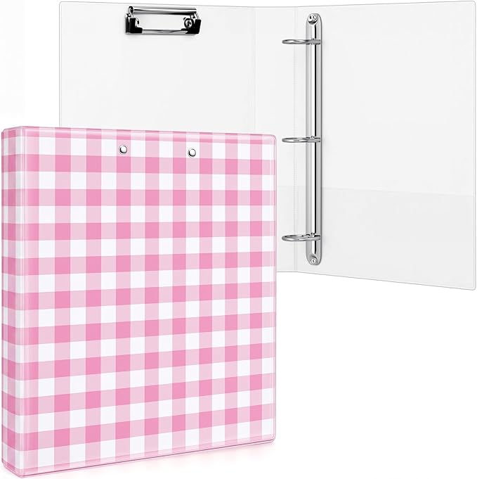 Colarr Pink Gingham 3 Ring Binder 1.5 Inch with Clipboard Interior Pockets, Cute Preppy Round Ring Binder for Office Supplies & File Folder Organization