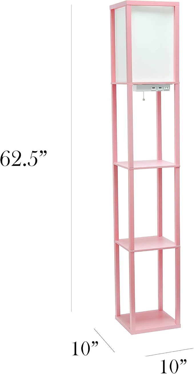 Simple Designs LF1037-LPK-LB Three Shelf Etagere Organizer Storage Floor Lamp with 2 Dual USB Ports and Charging Outlet, Light Pink, with Feit LED Bulb Included